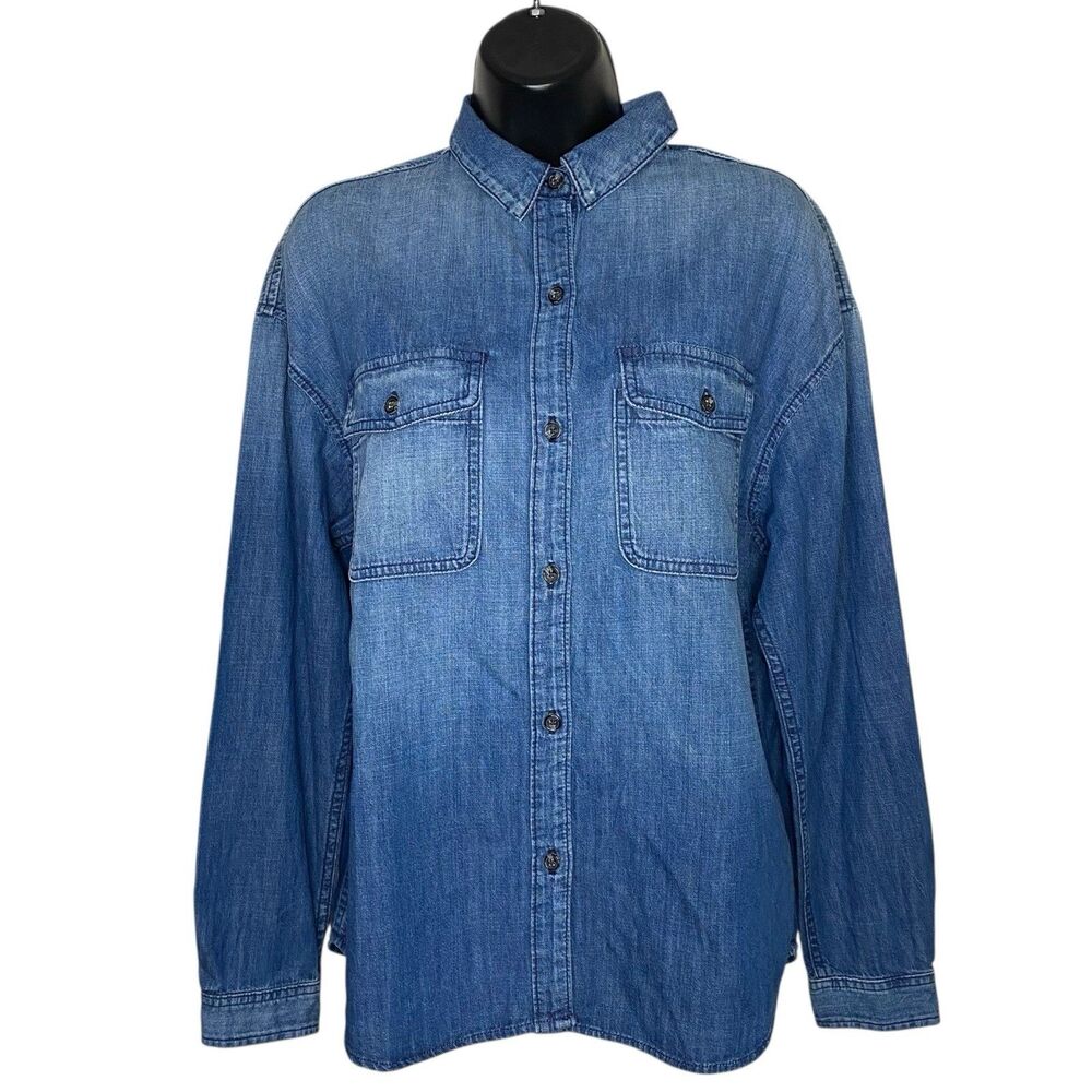 AG Adriano Goldschmied Denim Shirt Women S Blue Chambray Pockets Western Relaxed